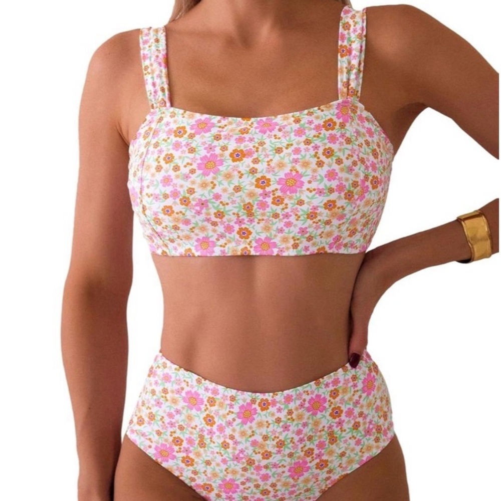 Floral High-Waist Bikini Set in Pink & White